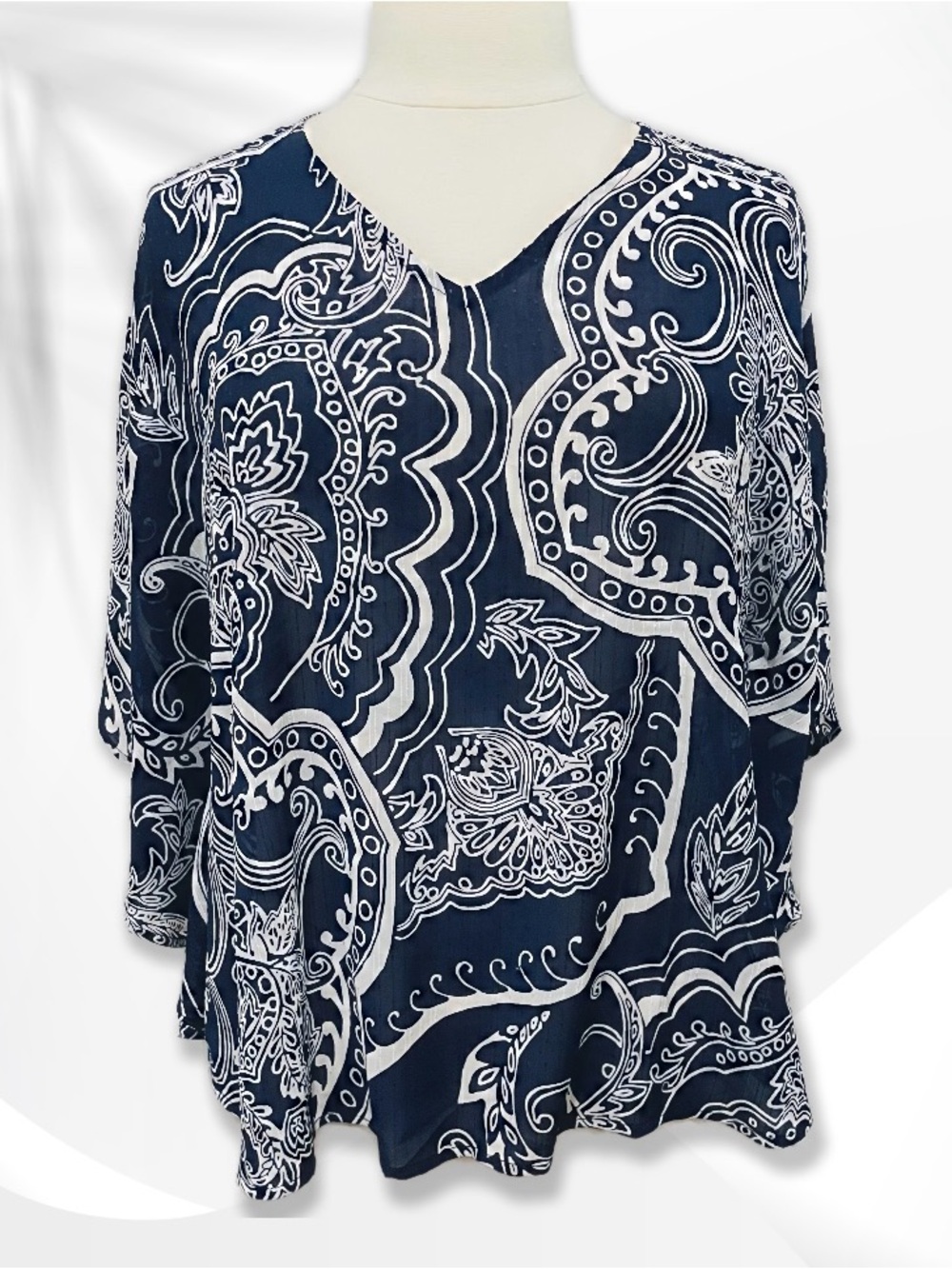 Chico's Navy & White Bandana Print V-Neck Top S/M-XL